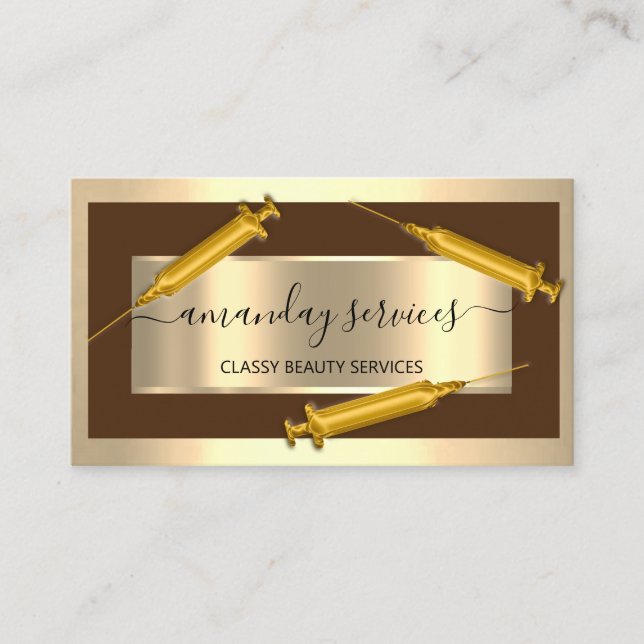 Carte De Visite Cosmetologue Syringe Botox B12 QRCode Gold Brown (Devant)