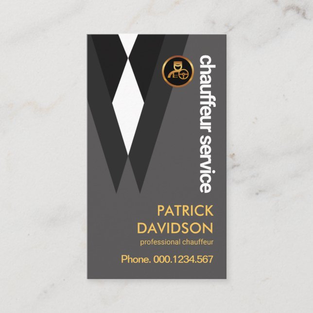 Carte De Visite Costume noir Elegance Chauffeur Pilote Épingle d'o (Devant)