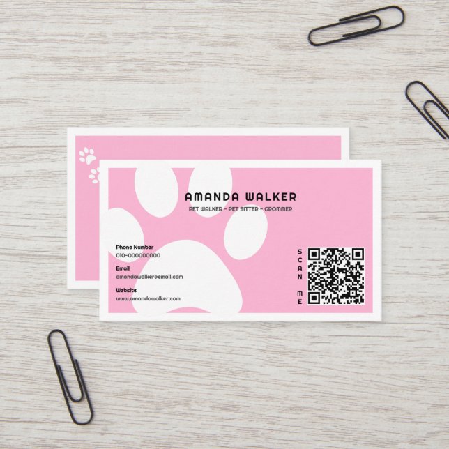 Carte De Visite Coton Candy Pawprints QR Code Pet Sitter Walking (Devant/Arrière en situation)