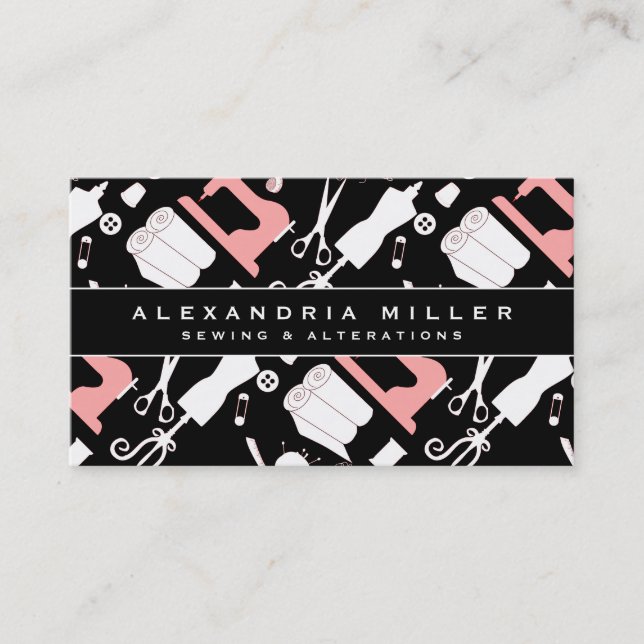Carte De Visite Coudre Motif Seamstress | Blanc noir et rose (Devant)
