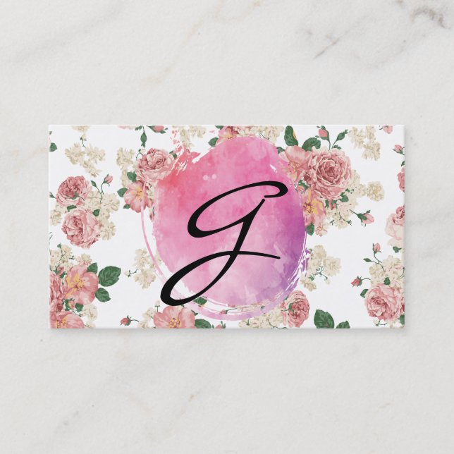 Carte De Visite Couleur d'eau rose Monogramme Motif floral (Devant)
