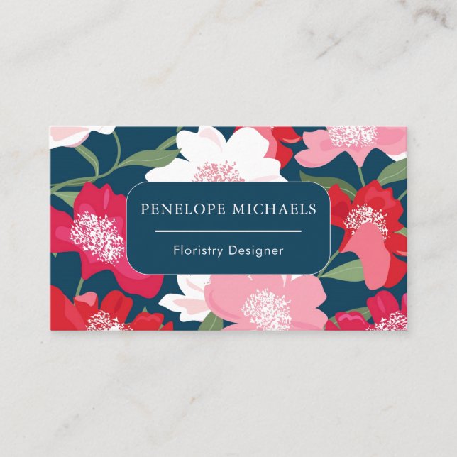 Carte De Visite Couleur Rouge Floral Motif Bleu (Devant)