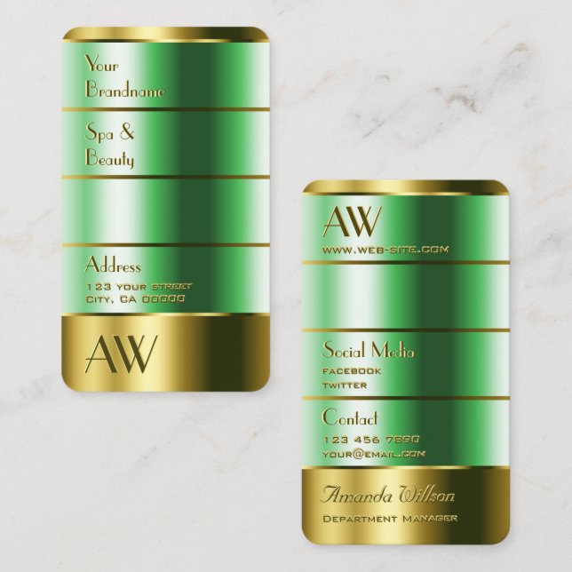 Carte De Visite Couleurs dorées et vertes avec Monogramme (Devant / Derrière)