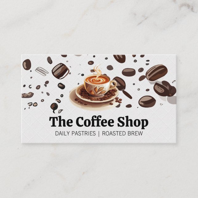 Carte De Visite Coupe de café fraîche brassée | Fèves de café (Devant)