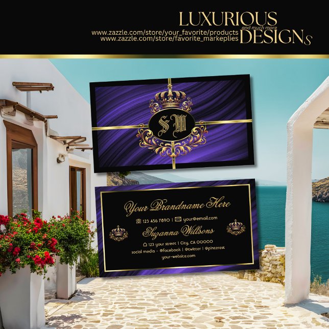 Carte De Visite Couronne d'or bleu royal opulente avec monogramme  (Créateur téléchargé)