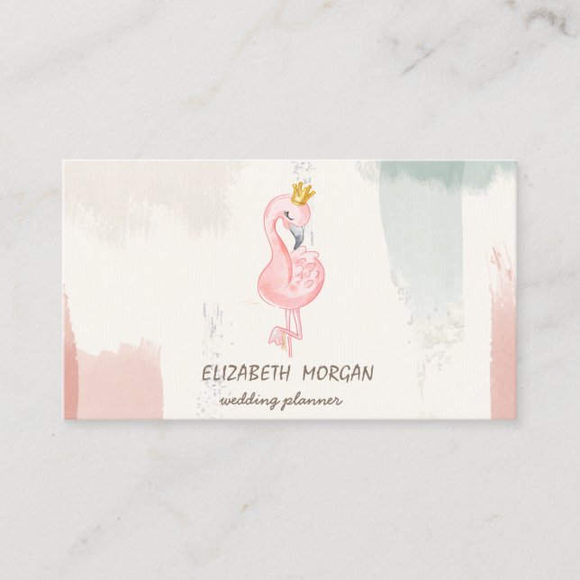 Carte De Visite Couronne Flamant rose rose, Aquarelle Brush Strot (Devant)