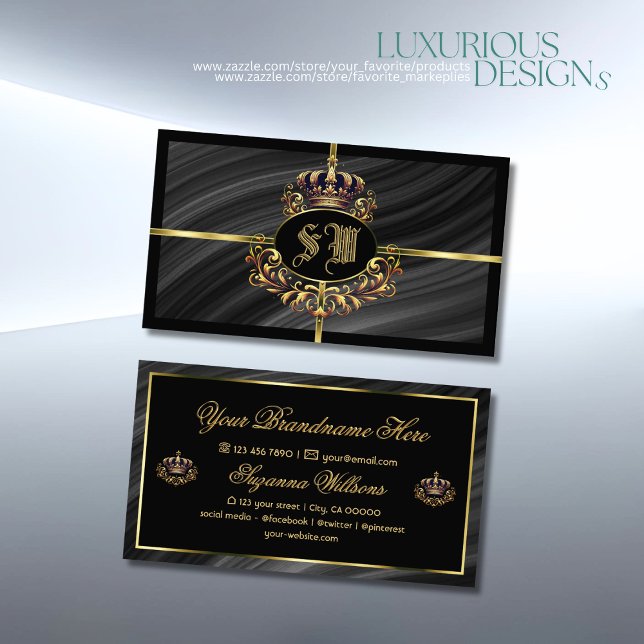 Carte De Visite Couronne royale d'or noir de luxe avec Monogramme  (Créateur téléchargé)
