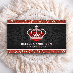 Carte De Visite Couronne royale en faux strass rouge damas noir
