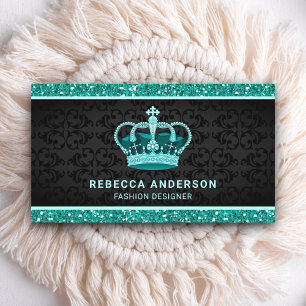 Carte De Visite Couronne Royale Pailletée Fausse Menthe Bleue Tiss