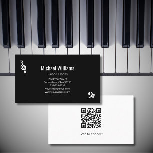 Carte De Visite Cours de musique piano code QR noir blanc