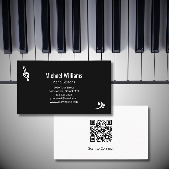 Carte De Visite Cours de musique piano code QR noir blanc (Créateur téléchargé)