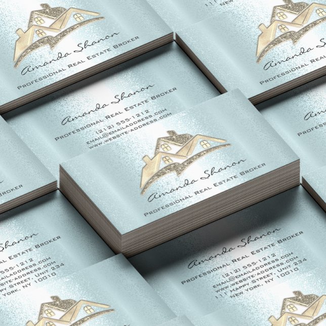 Carte De Visite Courtier agent immobilier Gold House Blue (Real Estate Agent Broker Gold House Blue Business Card)