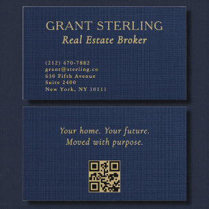 Carte De Visite Courtier Immobilier Code QR Lin Bleu Marine Or