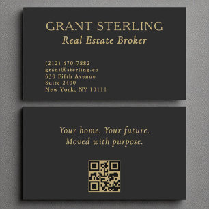 Carte De Visite Courtier immobilier minimaliste Black Gold QR Code