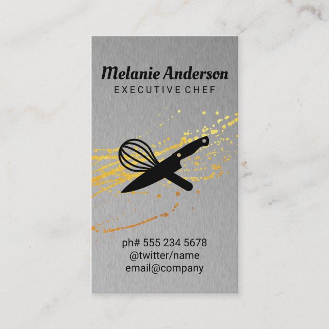 Carte De Visite Couteau et Whisk | Métallique | Spatter Or (Devant)