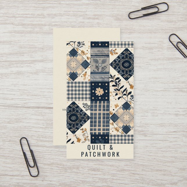 Carte De Visite Couverture en patchwork bleu marine et crème pour  (Devant/Arrière en situation)