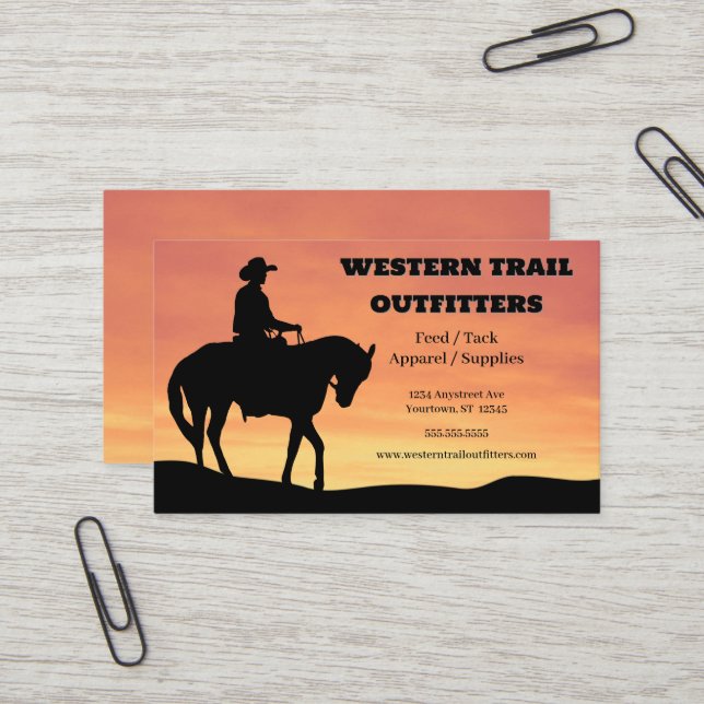 Carte De Visite Cowboy Sunset Horse Fournitures d'entraînement Emb (Devant/Arrière en situation)