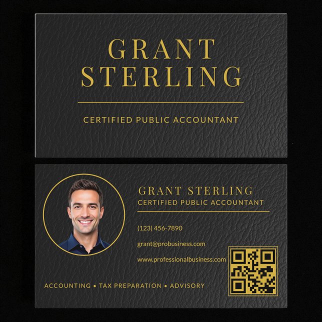 Carte De Visite CPA Tax Preparer Accountant Faux Leather QR Code (Créateur téléchargé)