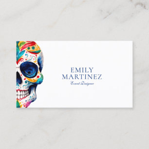 Carte De Visite Crâne à sucre coloré rétro Floral sur blanc