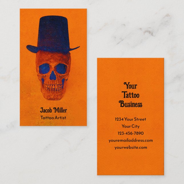 Carte De Visite Crâne avec chapeau supérieur Brûlé Orange Bleu Tat (Devant / Derrière)