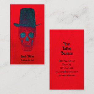 Carte De Visite Crâne avec chapeau supérieur gothique rouge bleu G