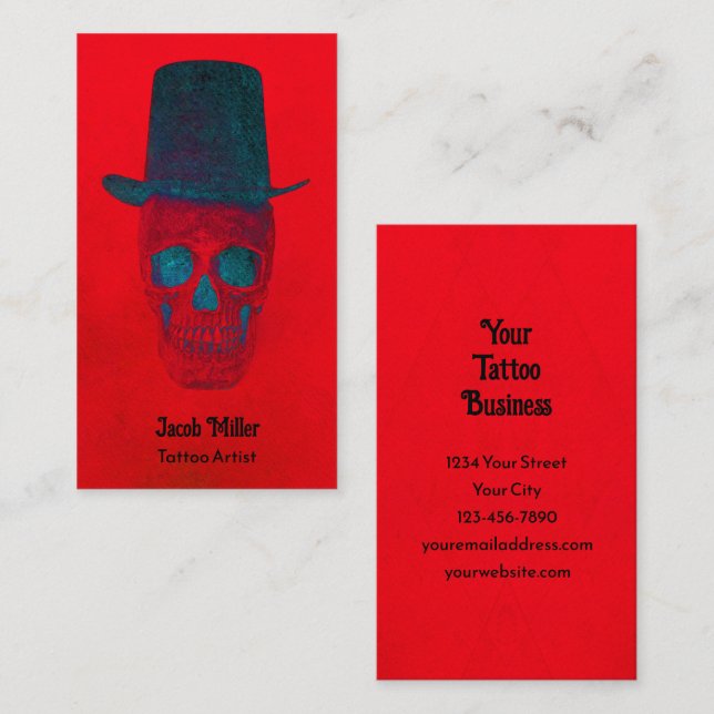 Carte De Visite Crâne avec chapeau supérieur gothique rouge bleu G (Devant / Derrière)