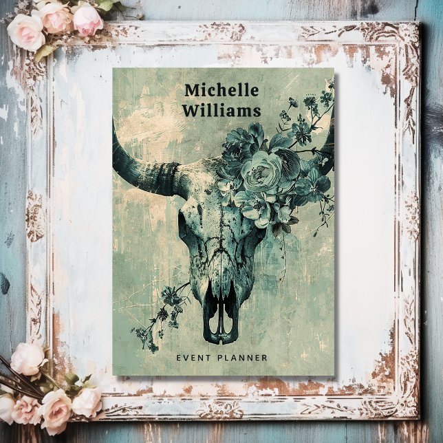 Carte De Visite Crâne de vache rustique Boho floral Ouest (Front - Rustic Cow Skull Floral Boho Western Business Card)