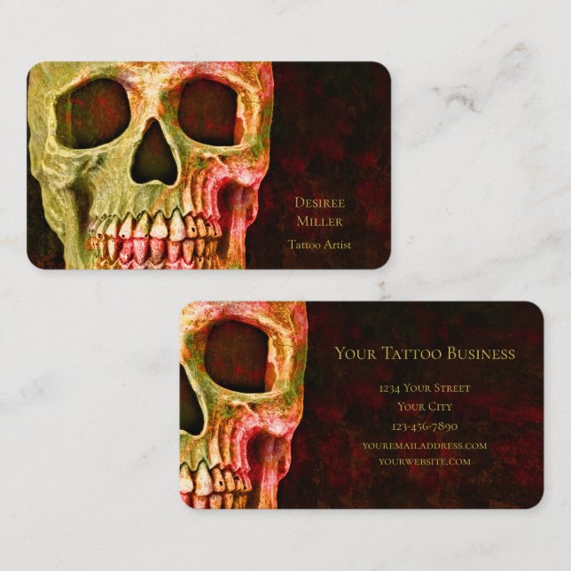 Carte De Visite Crâne gothique Face Rouge Vert Tatouage Boutique (Devant / Derrière)
