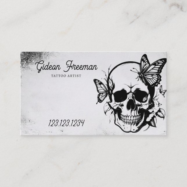 Carte De Visite Crâne gris et noir Grunge avec tatouage aux papill (Devant)