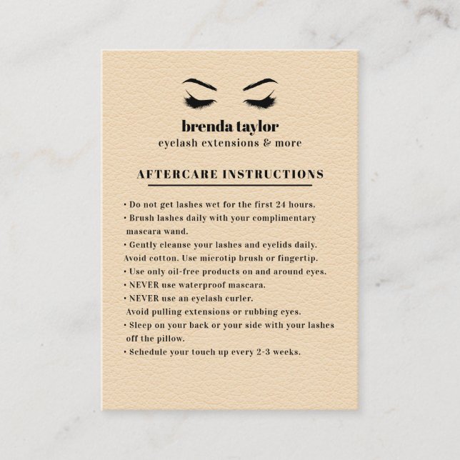 Carte De Visite Cream Suede Eyelash Browbar Instructions de suivi (Devant)
