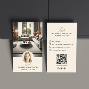Carte De Visite Créateur d'intérieur Monogramme Photo QR Crème