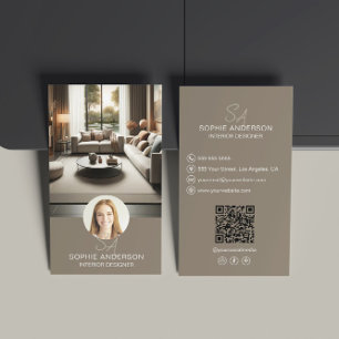 Carte De Visite Créateur d'intérieur Monogramme Photo QR Taupe