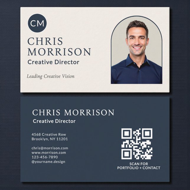 Carte De Visite Creative Director Photo QR Code Navy Blue (Créateur téléchargé)