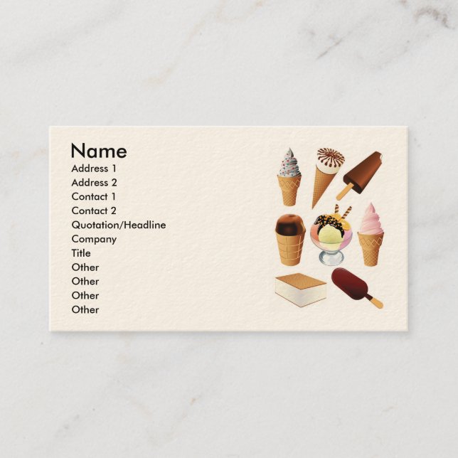 Carte De Visite Crème glacée, Nom, Adresse 1, Adresse 2, Contact . (Devant)