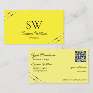Carte De Visite Crème jaune avec code QR monogramme lignes argenté