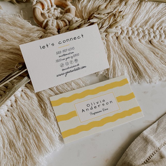 Carte De Visite Crème Jaune Rétro Stripes Wavy Boho tendance (Créateur téléchargé)