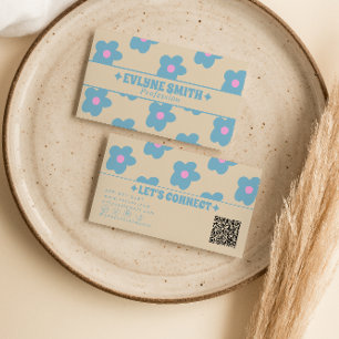 Carte De Visite Crème Rétro Bleu Code QR Groovy Floral Bohème Uniq