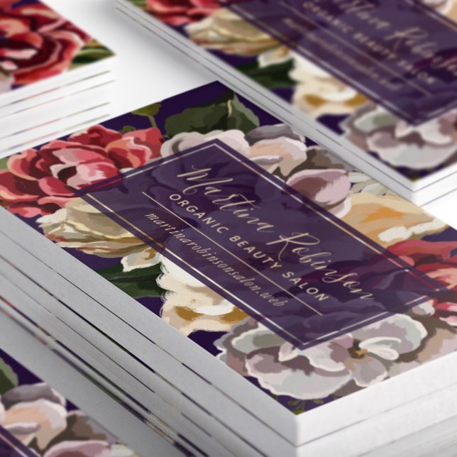 Carte De Visite Crème rouge chic et florale violette peinte (Close-up stacked Chic Red, Cream and Purple Painted Floral Business Cards)