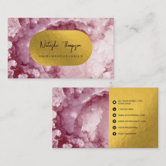 Carte De Visite Cristaux Mer Pink Gold Foil Maquillage Poils (Devant / Derrière)