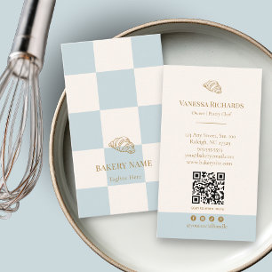 Carte De Visite Croissant QR Boulangerie Café à Carreaux Bleus Fro