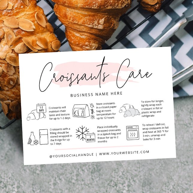 Carte De Visite Croissants Guide de soins Aquarelle rose Pâtissier (Modern croissants care cards with icons, trendy fonts and pink watercolor design and your logo)