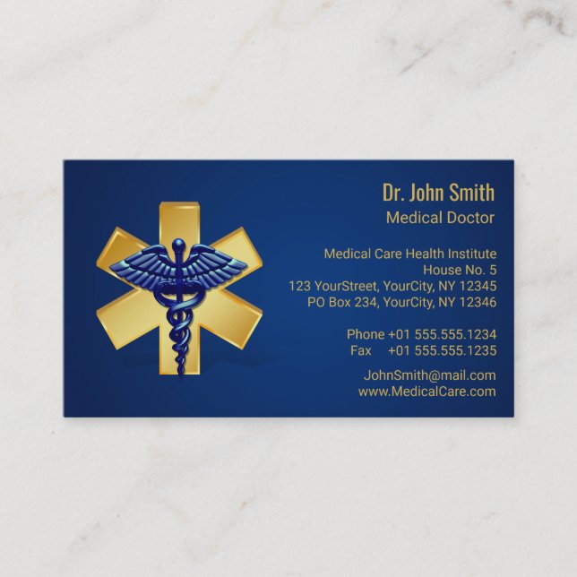 Carte De Visite Croix d'or bleue Médicale 3D Caduceus (Devant)