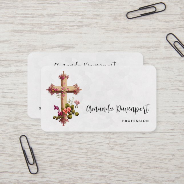 Carte De Visite Croix élégante aux fleurs roses (Devant/Arrière en situation)