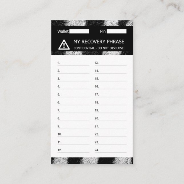 Carte De Visite Crypto Wallet Zebra Recovery Seed Phrase 24 (Devant)