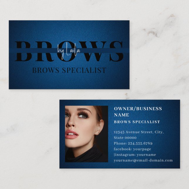 Carte De Visite Cuir bleu Brosses Typographie Eyebrow Salon Photo (Devant / Derrière)