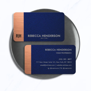 Carte De Visite Cuir Bleu Luxe avec Accent en Cuivre Monogramme