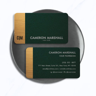 Carte De Visite Cuir Vert Luxueux Monogramme avec Accents Dorés