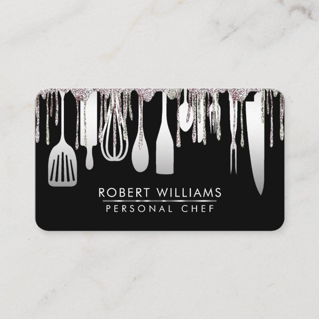 Carte De Visite Cuisine à base de chef blanc argenté Outils Partie (Devant)