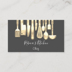 Carte De Visite Cuisine Logo Chef Restaurant Couteaux d'or Gris