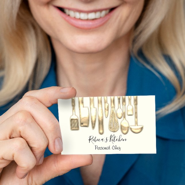 Carte De Visite Cuisine Personnel Chef Restaurant Couteaux d'or (Créateur téléchargé)